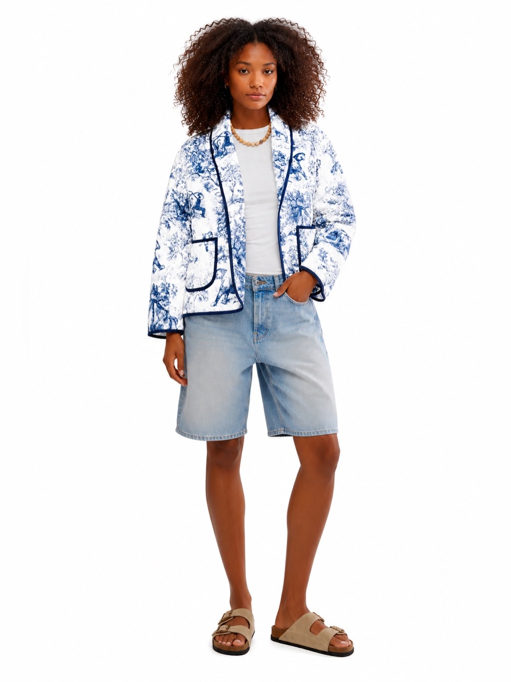 Blue Toile Safari Print Quilted Jacket Padded Puffer Blue Willow Qinghua Coat 📐S